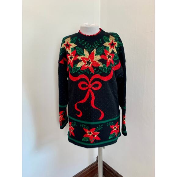 VTG Dana Scott VTG NEW Ugly Christmas Sweater Long Poinsettia Glitter 90s Tunic - Picture 1 of 11